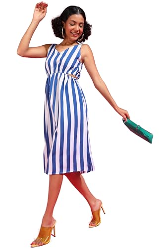 Image of POPWINGS Women Casual Blue & White Stripe Cutout Dress Dress | Stylish Dress | Trendy Dress