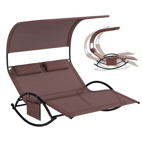 COSTWAY Chaise Longue Extérieur à Bascule, Transat à Bascule pour 2 Personnes, Lit de Repos 2 Places avec Auvent Pare-Soleil et 2 Oreillers Amovibles, Cadre...