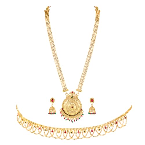 Image of Peora Gold Plated Bridal Jewellery Set with Kamarband Gift for Women Indian Traditional Ethnic Wedding