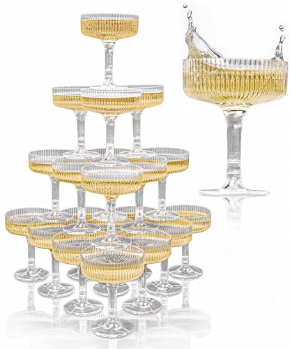 Ksestor ACRYLIC Champagne Tower - 7oz. Set of 21 Champagne Flutes Plastic - For Weddings & Parties - Plastic Coupe Glasses - Clear