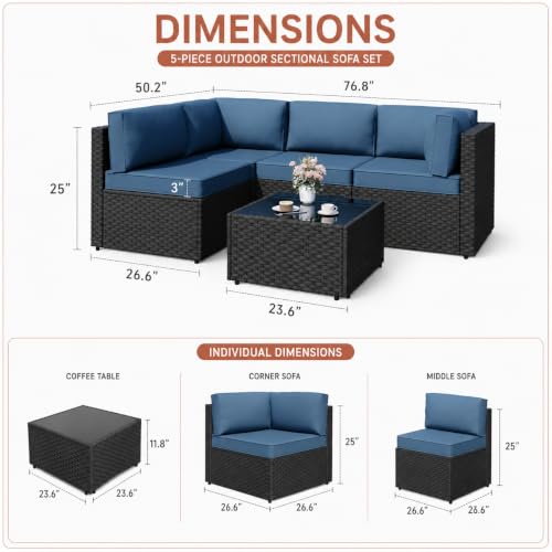 JAMFLY 5-Piece Patio Furniture Set, Outdoor Wicker Sectional Sofa with 4-Inch Thick Cushions & Coffee Table, All-Weather PE Rattan Conversation Set for Backyard, Garden, Poolside, Aegean Blue - Image 2