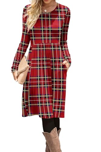 Image of DB MOON Women Casual Long Sleeve Dresses Empire Waist Knee Length Loose Dress with Pockets