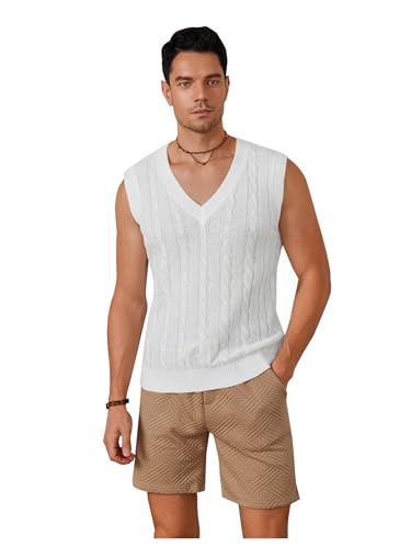 OYOANGLE Men's Cable Knit V Neck Sleeveless Sweater Vests Solid Casual Tank Tops Knitwear