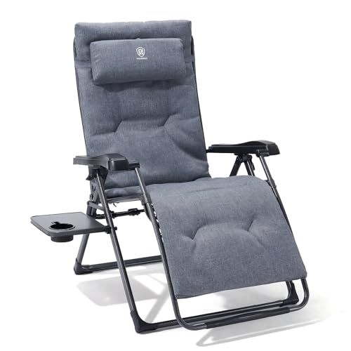 EVER ADVANCED Aluminum Zero Gravity Chair Oversized, 2.4" Thick Padded Reclining Lounge Chair with Adjustable Headrest & Side Table, Heavy Duty Support 350 lbs, Foldable for Outdoor & Indoor, Gray