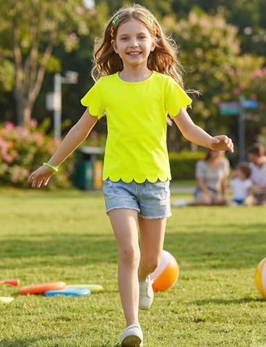 Image of Noomelfish Girls Short Sleeve Scalloped Edge T-Shirts Casual Cute Summer Tee Tops Blouse (5-12 Years)