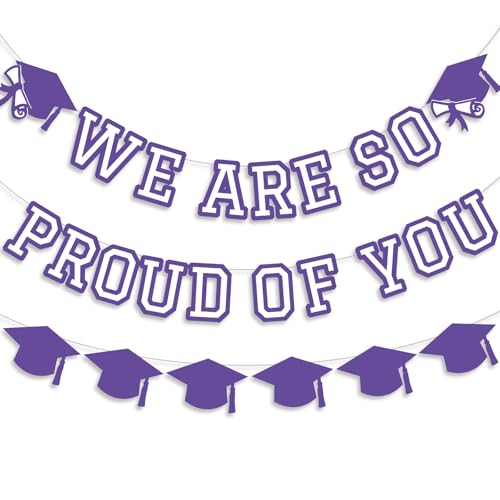 Image of We Are So Proud Of You Banner Graduation Party Decorations Congrats Grad Cap Garlands Wall Sign Purple White