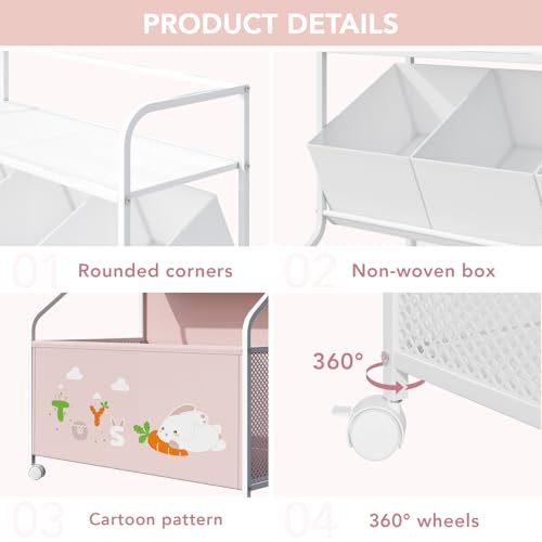 BBLIKE Toy Storage Organizer with Wheels - 3-Tier Kids Large Toy Box, Toy Chest Storage for Boys Girls Toddlers, Kids Bookshelf with 3 Fabric Toy Boxes for Playroom (Pink)