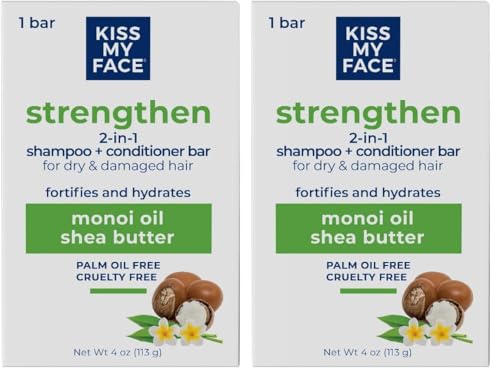 Kiss My Face 2-in-1 Shampoo + Conditioner Bar - Hydrating, Soothing, Smoothening for All Hair Types, Palm Oil-Free, Cruelty-Free with Monoi Oil and Shea Butter (Pack of 2)