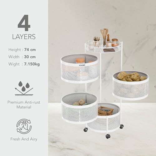 Image of Amazon Brand - Solimo 360 Revolving Preassembled Portable 4 Layer Round Multipurpose Storage Kitchen Rack Carbon Steel Fruit Vegetable & Spice Trolley with Wheels for Kitchen Organizer(Matte, White)