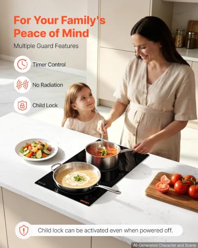 Image of VEVOR Electric Cooktop 12inch 2 Burners Portable Stove Top 1800W 120V, Ceramic Countertop /Built-in Radiant Electric Stove, with 9 Power Levels, Timer, Child Lock, Over-Heat Guard, Touch Control