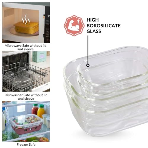 Image of Nestasia Glass Lunch Box with Silicone Sleeve (1000ml) - Borosilicate Glass Lunch Box with 3 Compartments for Office | Microwave & Freezer Safe, Leak-Proof Tiffin Box with Clip Locks (Beige)