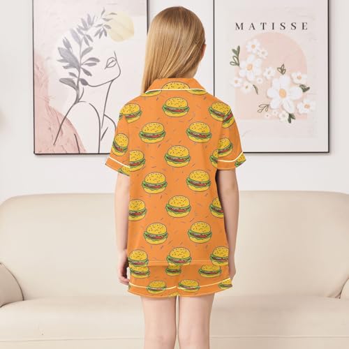 Cartoon-style Burgers Summer Satin Pajama Set, Cute Button-Down Sleepwear Pj Set for Sleep Wears4