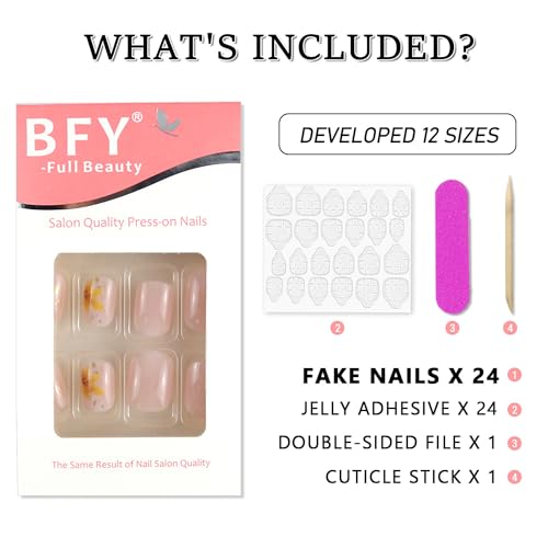 BFY Fall Press on Nails Short Square Gold Maple Leaf Foil Fake Nails, White Gradient Acrylic Nails, Shiny Natural Fit Glossy Gel Manicure Stick on Nails with Glue, False Nails Kit 12Sizes 24Pcs - Image 8