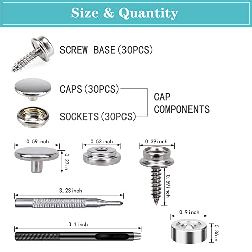 Canvas Snap Kit, Canvas Snaps And Fasteners Marine Stainless, 90 Pcs Boat Cover Snap Button Fastener Kit, Canvas Fasteners & 3 Pcs Setting Tools For Repairing And Replacing Canvas, Tarpaulins, Awnings #TOP2