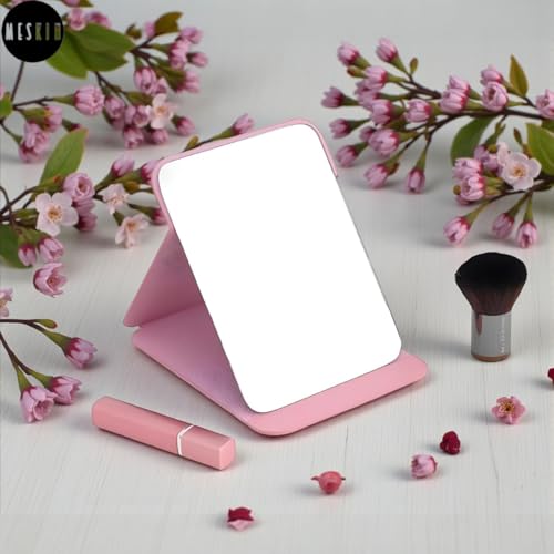 Image of MESKIN Portable Tablet Style Makeup Mirror with Foldable Stand | Compact Folding Free Hand Standing Mirror | Travel Friendly Vanity Mirror with PU Flap Cover (Pack of 1, Pink)