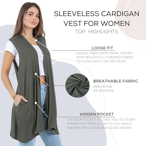 Image of Azules Sleeveless Long Cardigan for Women with Pockets - Lightweight Open Front, Flowy Dressy Layer for Work or Casual Wear