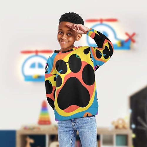 Wudan Colorful Dog and Paw Big Girls Sweatshirt Hoodie Crewneck Kids Pullover Hoodie4