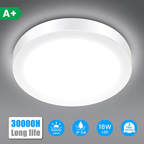 Plafonnier LED, SOLMORE Lampe Plafond 18W 1700LM Imperméable IP54 Lampe de Plafond LED Moderne Mince Rond Blanc Froid 5000K Applicable à Salle de Bain, Chambre, Cuisine, Salon, Balcon, Couloir