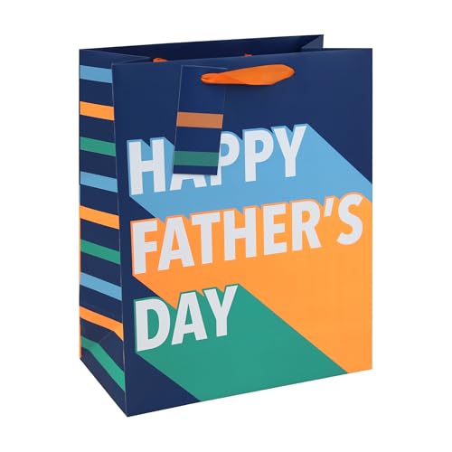 Eurowrap Large Gift Bag with Happy Fathers Day Design Neon Ink Finish Grosgrain Handle Blue Inside Print 210GSM Paper and Matching Gift Tag for Fathers Day