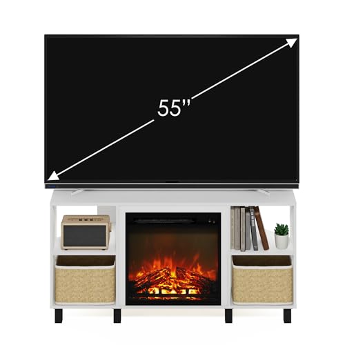 Image of Furinno Jensen Corner Fireplace TV Stand with 4 Open Compartments for TV up to 55 Inches, Solid White