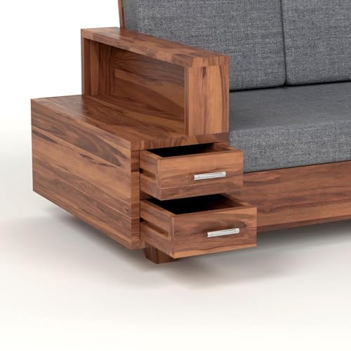 Image of Sheesham Wood L Shape Sofa Set for Living Room with Storage Drawers and 40 Density Cushion | Solid Wooden Corner Sofa Set with Grey Fabric Upholstery