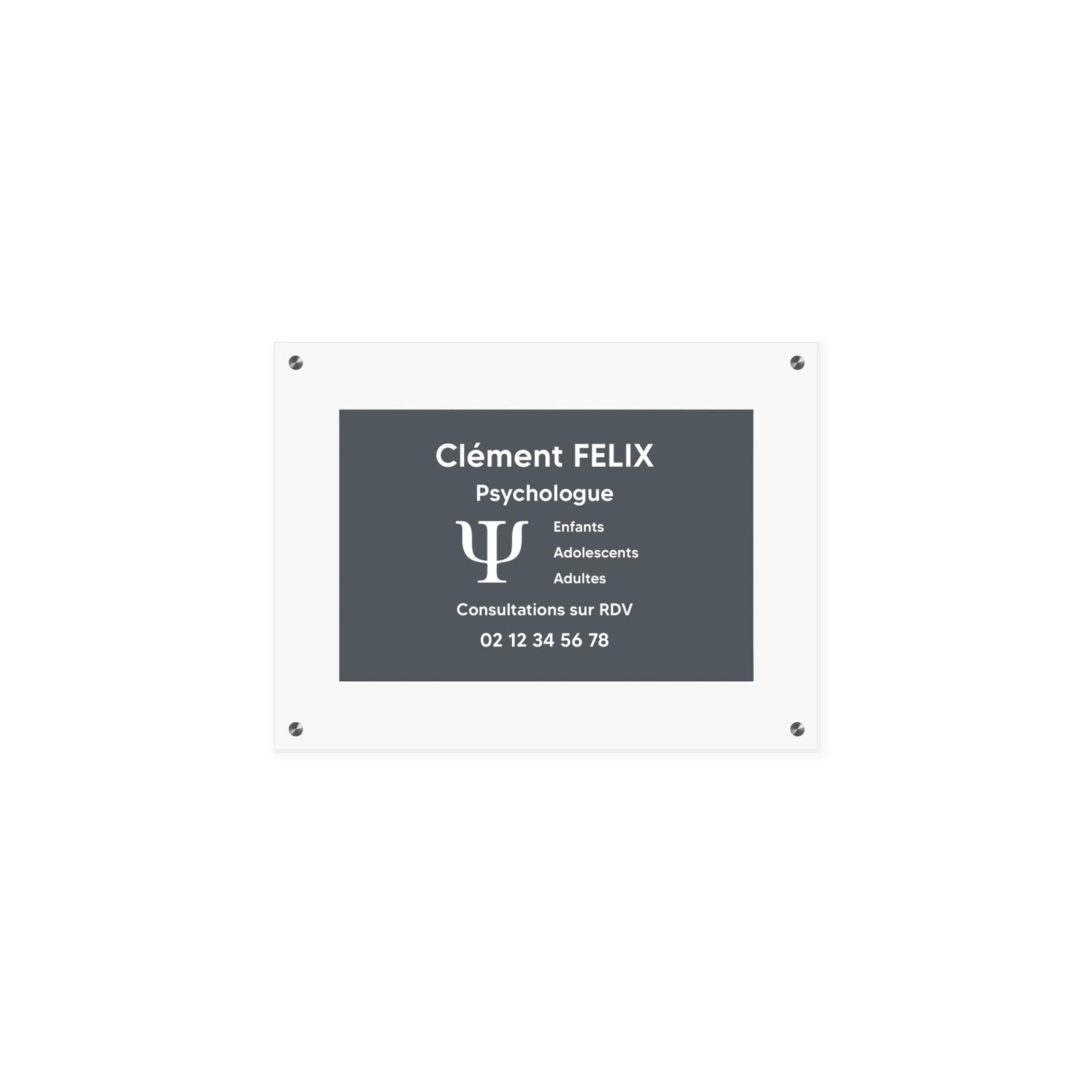DECOHO - Plaque professionnelle personnalisée avec symbole en PVC pour psychologue - Gris lettres blanches Support plexi