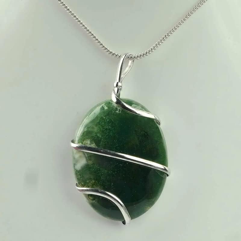 Aleafa Armlet Presents Moss Agate Pendant Oval Wire Wrapped Crystal Stone Pendant with Metal Chain for Reiki and Crystal Stone Pendant Size 30-35 Mm Approx (Color Green) #Aport-0228