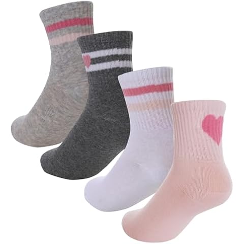 JTYKUYR 4 Pairs Girls Pink White Crew Athletic Socks Athletic Running Socks with Stripes Hearts Cover