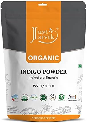 Just Jaivik 100% Organic Indigo Powder - 227 gms / 1/2 LB Pound / 08 Oz - Indigofera Tinctoria- A 100% Organic Hair Dye - Color your hair dark brown to black with Henna