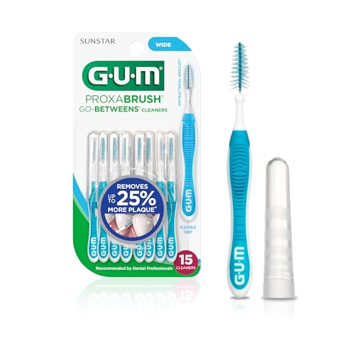 Image of GUM Proxabrush Go-Betweens Wide Interdental Brushes, 15 Count | Triangular soft bristles, Nylon-coated wire safe for braces & implants, Reusable with breathable travel cap, 10 days of use
