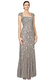 Adrianna Papell Women's Long Beaded Square Neck Dress With Cap Sleeves, Platinum, 10