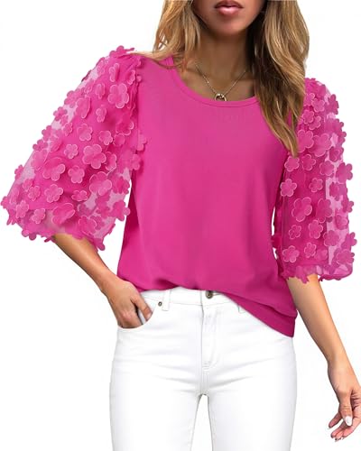 Triratna Summer Shirts for Women: Rose Red Blouse Puffed Sleeve with Seersucker Appliques - Elbow Length Tops for Women Fall - Wedding Guest Blouse Ladies Fancy Holiday Tees Tops Hot Pink 2XL