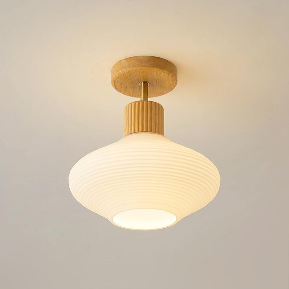 Semi Flush Mount Ceiling Light Fixture, Modern Close to Ceiling Lamp with White Rippled Grooved Glass Shade, Farmhouse Hanging Lighting Fixtures for Nursery Bedroom Hallway Entryway