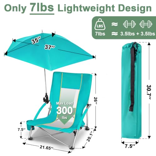 Image of Romswi Beach Chair with Umbrella 2PK, Folding Low Beach Chairs for Adults with Adjustable Parasol, Cup Holder, Breathable Backrest, Comfortable Armrests, Lightweight for Beach & Camping, Green