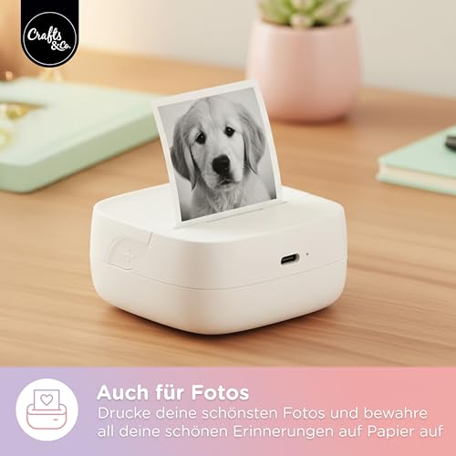 Crafts&Co® Mini Pocket Drucker | Tragbarer Bluetooth Fotodrucker Für Smartphone Sticker Und Notizen | Thermodrucker Ohne Tinte | Größe 8x8x3CM Weiß