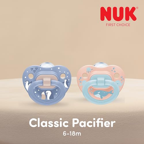 Image of NUK First Choice Classic Orthodontic Baby Pacifier, 6-18 Months Baby Pacifier, Purple & Blue, Baby Must Haves, 5-Pack