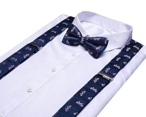Image of Hi-Tie Men Suspender Bowtie Set Suspenders Pre-tied Bow Tie Pocket Square Cufflinks Adjustable Y Shape 6 Clips Braces Tuxedo