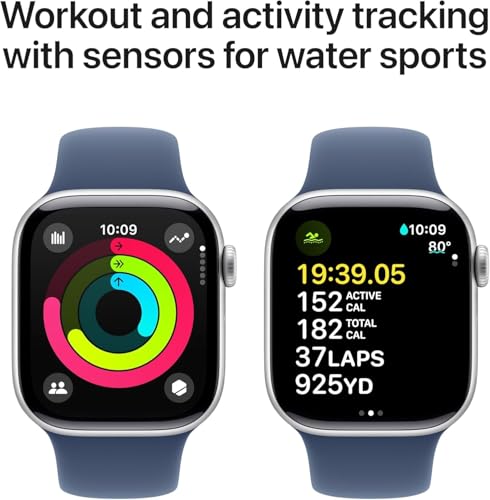 Image of Apple Watch Series 10 [GPS, 42mm] Silver Aluminum Case with Denim Sport Band, M /L (Renewed)