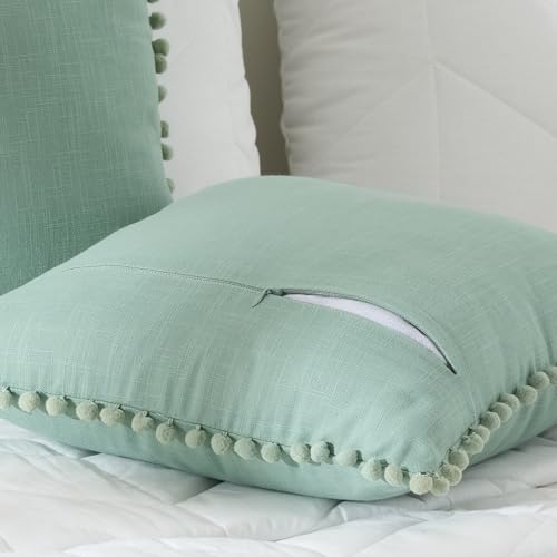 Image of 100% Cotton Pom Pom Cushion with Filler, Elegant & Modern Cushion Cover for Living Room, Square Shape, 20 inchx20 inch, uni slub, Set of 3 - Celadon Green