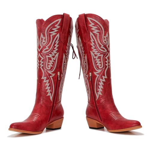 Wide Calf Cowboy Boots Women Knee High Tall Western Cowgirl Boots Adjustable Lace Up Plus Size Comfortable 2-Inch Heel2