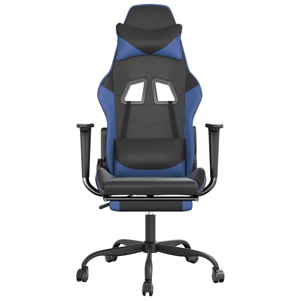Silla gaming de piel sintética negra y azul con función de masaje, reposapiés, soporte lumbar, altura regulable, silla giratoria, ergonómica para jugar, streaming y trabajo en el escritorio