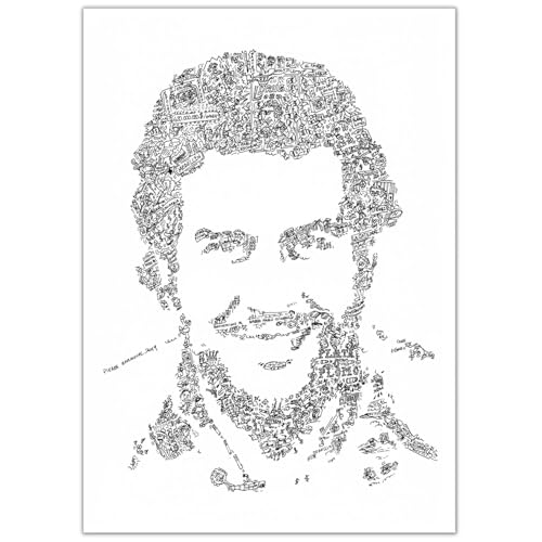 Pablo Escobar impresión con garabatos en el interior del retrato | Muchos detalles sobre el comerciante y líder del cartel de Medellín Don Pablo | cartel ilustración blanco negro ilustrando historia