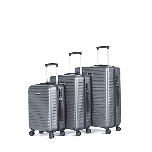 Image of THE ASSEMBLY Hard Body Set Of 3 Polycarbonate Spinner Luggage-75 Cms, 65 Cms (Check In) & 55 Cms (Cabin) Hardsided Suitcase Trolley- Grey