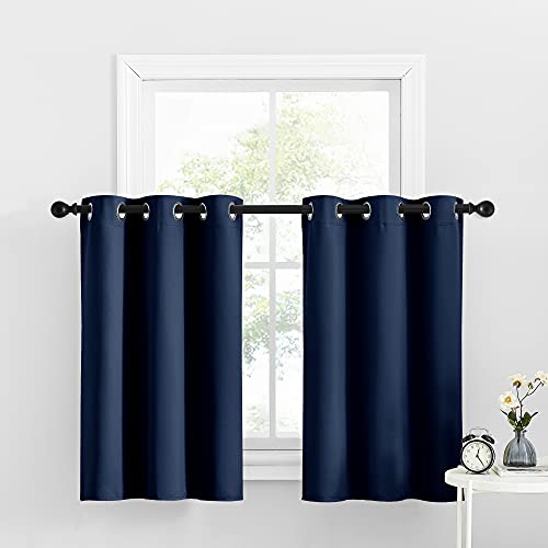 Nicetown Cafe Curtains Small Window Blackout Tiers Valance Grommet Top Drapes For Kitchen/Basement/Bathroom, 34 Inches Width X 36 Inches Length Per Panel + 1.2 Inches Header, Navy, 2 Pieces #TOP9
