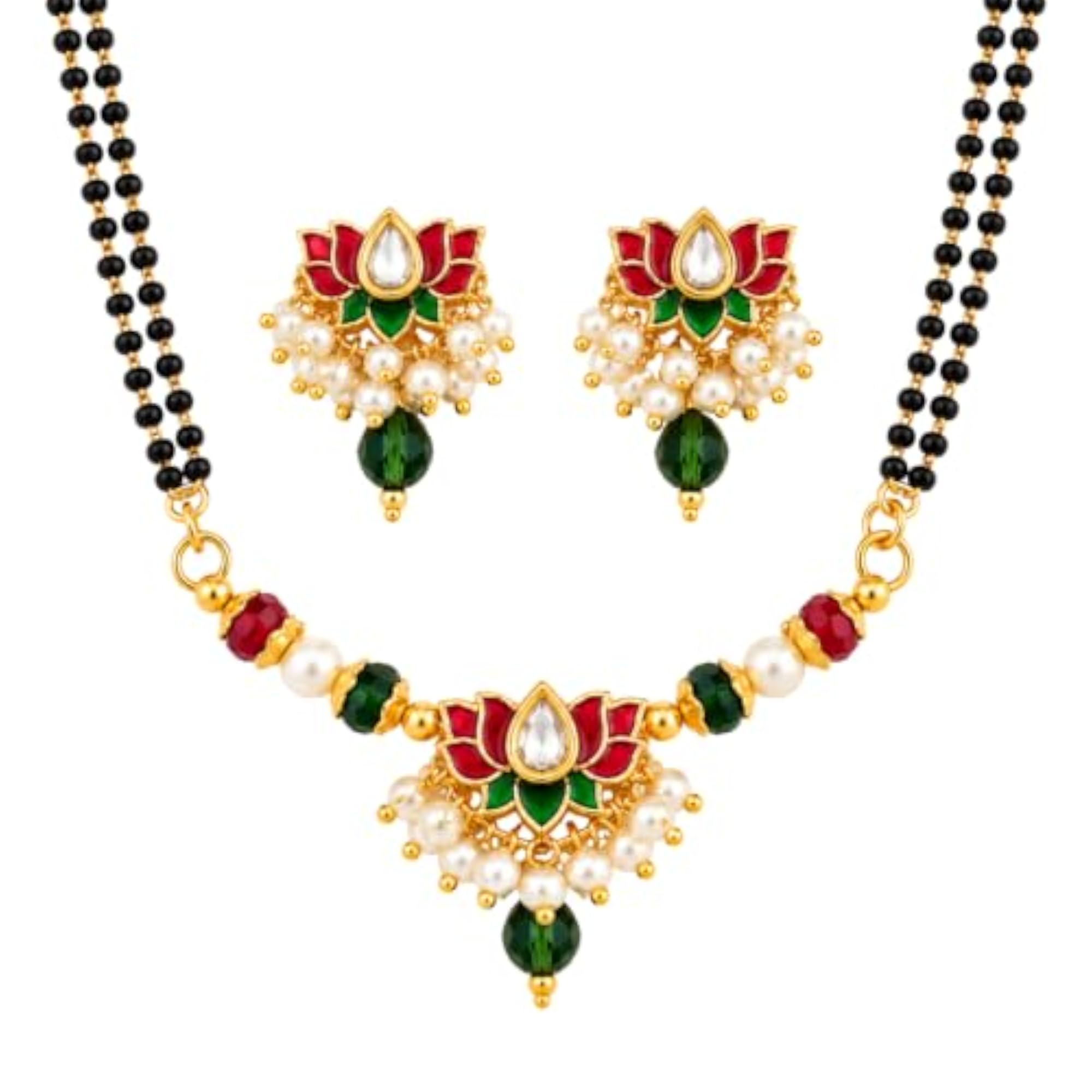 Women's Lotus Kundan Pearl Beaded Mangalsutra with Earrings Set