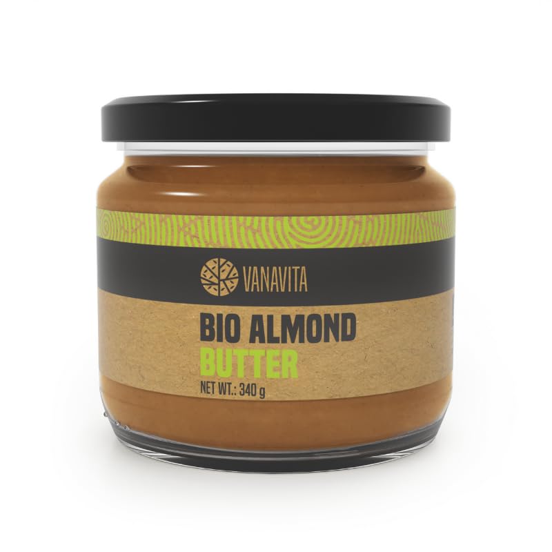Mantequilla de Almendras Orgánica VanaVita 340 g, Crema de Almendras Tostadas, 100% Vegetal, Rica en Proteínas y Fibra, Sin Azúcar, Sin Aditivos ni Aceite de Palma