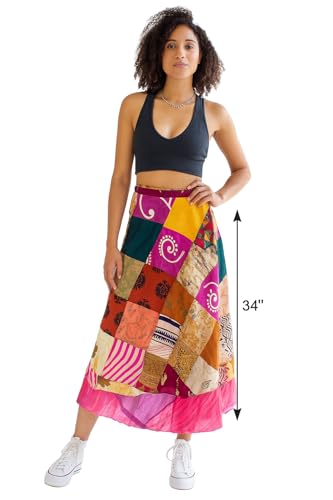RAJBHOOMI HANDICRAFTS Silk Vintage Patchwork Wraparound Long Skirt - Women's Long Maxi Skirt Boho Skirts Summer Skirts for Women Boho Colorful Maxi Multicolor3