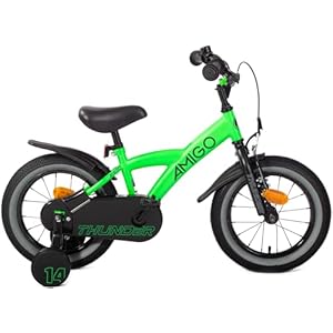AMIGO Thunder Kinderfiets voor jongens, 14 inch, met terugtraprem en V-rem en steunwielen, vanaf 3 – 5 jaar, groen/zwart