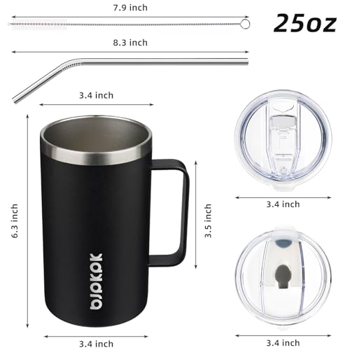 Image of BJPKPK 25oz Insulated Coffee Mug with Handle, Stainless Steel Travel Mug | Keeps Drinks Hot & Cold, Double Wall Vacuum, 2 Lids Included, BPA-Free Coffee Tumbler for Home, Office & Travel