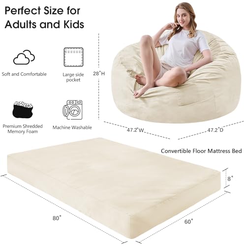 Bean Bag Chairs for Adults - Giant Bean Bag Chair Convertible Bean Bag Bed - Beanbag Chair with Micro Fiber Cover/Furniture Foam Filler - Floor Couch Sofa in Bedroom Dorm Room - Queen Beige